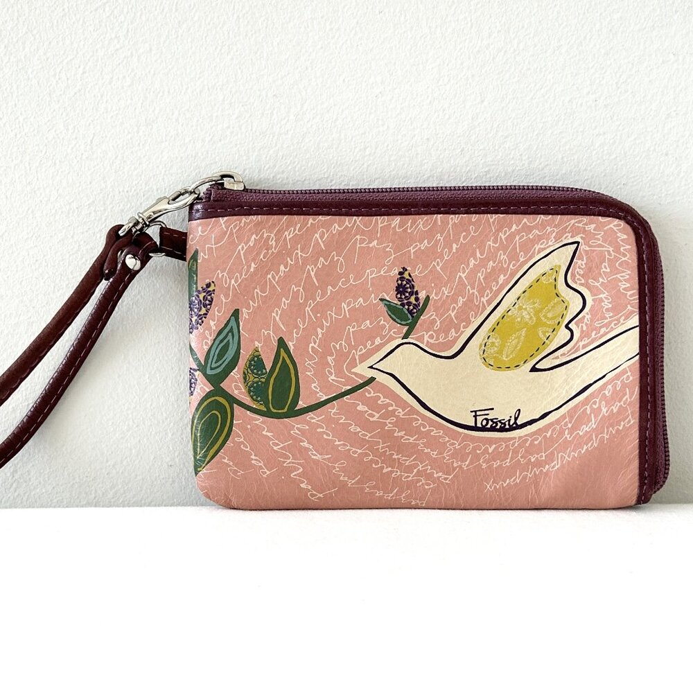 FOSSIL Pink Leather Peace Dove Wristlet Wallet Card Holder Olive Branch Floral